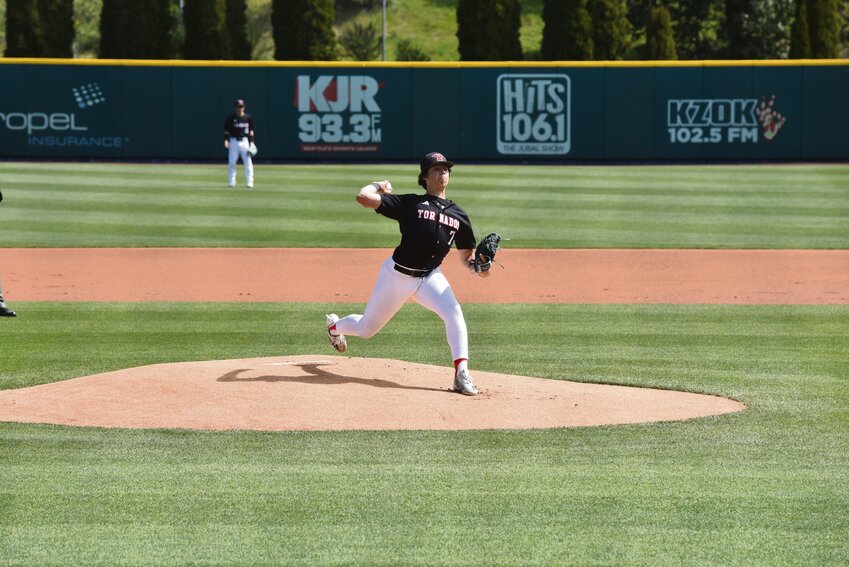 Sophomore pitcher Landan Halterman delivers a pitch inside Cheney Stadium against Spanaway Lake on Saturday, April 20.