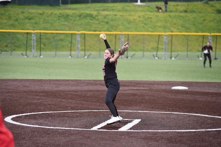 Sophomore pitcher Mallory Hoke delivers a pitch against Ellensburg on Saturday, March 23, at Bellevue College.
