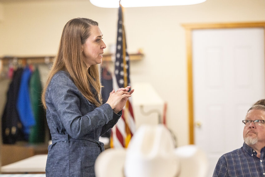 Washington state public lands commissioner candidate Jaime Herrera Beutler, a former congresswoman, speaks during a Conservative Coalition of Lewis County meeting at the Chehalis Eagles Club Annex on Monday, April 22.