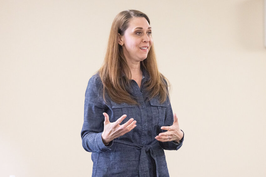 Public lands commissioner candidate Jaime Herrera Beutler, former congresswoman, speaks during a Conservative Coalition of Lewis County meeting at the Chehalis Eagles Club Annex on Monday, April 22.