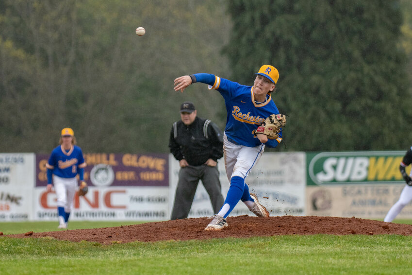 Mason Ubias throws a pitch during a game between Centralia and Rochester at Wheeler Field on Wednesday, April 24.