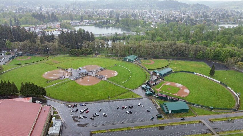 Wheeler Field, pictured at right, and Field Two, left, are seen from above on Thursday, April 25. Both fields will be renovated with artificial turf.