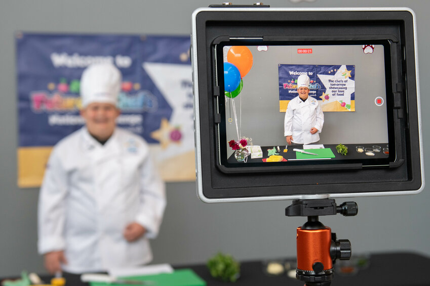Orin Smith Elementary School fourth-grader Kason Talanoa records his video for the 2024 Sodexo Future Chefs National Challenge finals on Thursday, April 25, at Orin Smith Elementary in Chehalis.