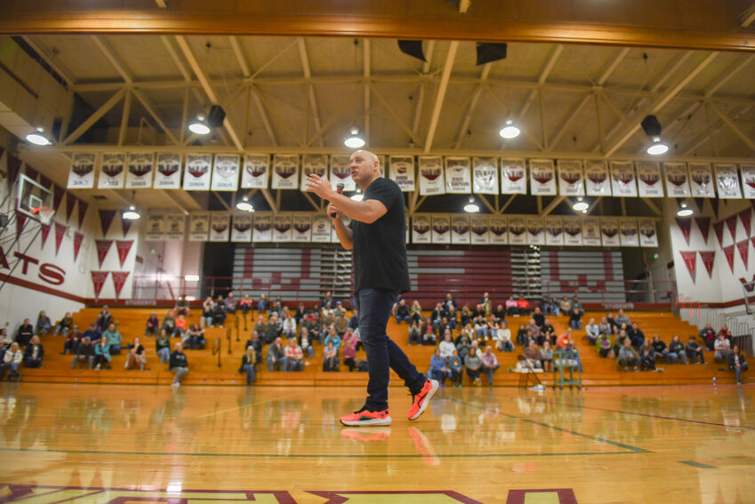 Kevin Hines speaks at a &ldquo;Be Here Tomorrow&rdquo; community presentation at W.F. West High School in Chehalis on Thursday, April 25.