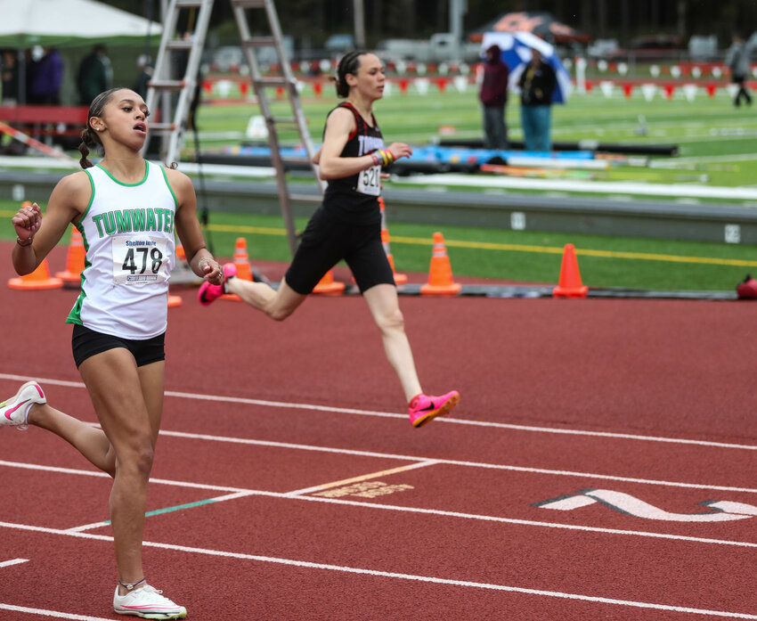 Tumwater's Ava Jones runs through the finish line after winning the 100-meter dash at the Shelton Invite on Saturday in Shelton.
