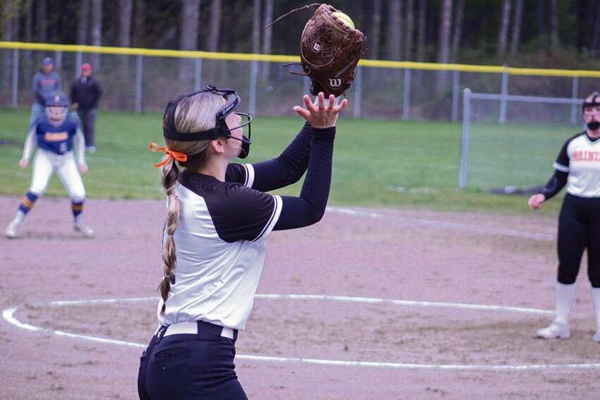 Olivia Earsley catches a fly ball to third base against Adna on April 24.