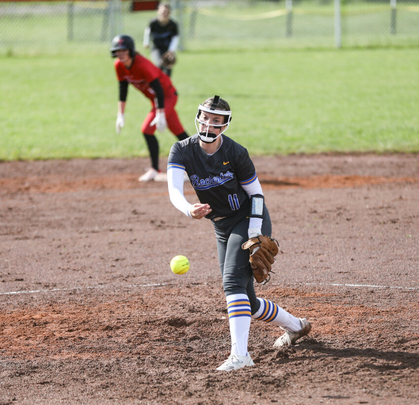 Rochester's Leah Hartley fires a pitch against Tenino during a non-league game on Tuesday night in Tenino.