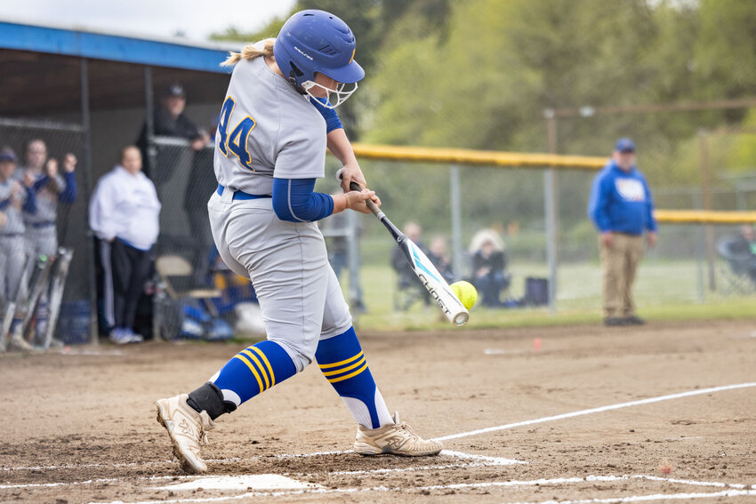 Adna&rsquo;s Ava Simms hits the ball during a softball game at Adna High School on Wednesday, May 1.