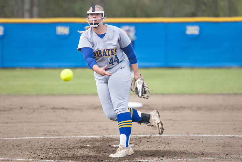 Adna&rsquo;s Ava Simms throws a pitch during a softball game at Adna High School on Wednesday, May 1.