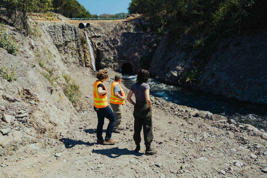 Rep. Marie Gluesenkamp Perez visits the state Route 504 debris slide in August.