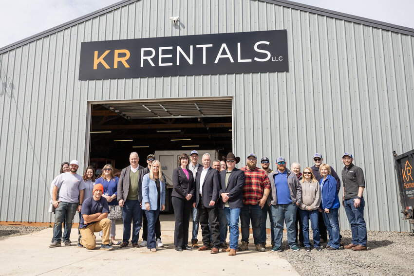 Lewis County commissioners, ToledoTel employees and  Vice President and CEO Dale Merten, and others pose for a photo at KR Rentals in Winlock on Friday, May 3. Attendees were celebrating the first connection in a broadband expansion project at KR Rentals in Winlock. Lewis County and ToledoTel are carrying out a joint project to expand high-speed internet services in Winlock and surrounding areas.