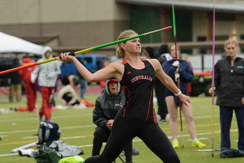 Centralia's Alayna McGregor prepares to throw the javelin at the Shaner Invitational in Tumwater on May 3.