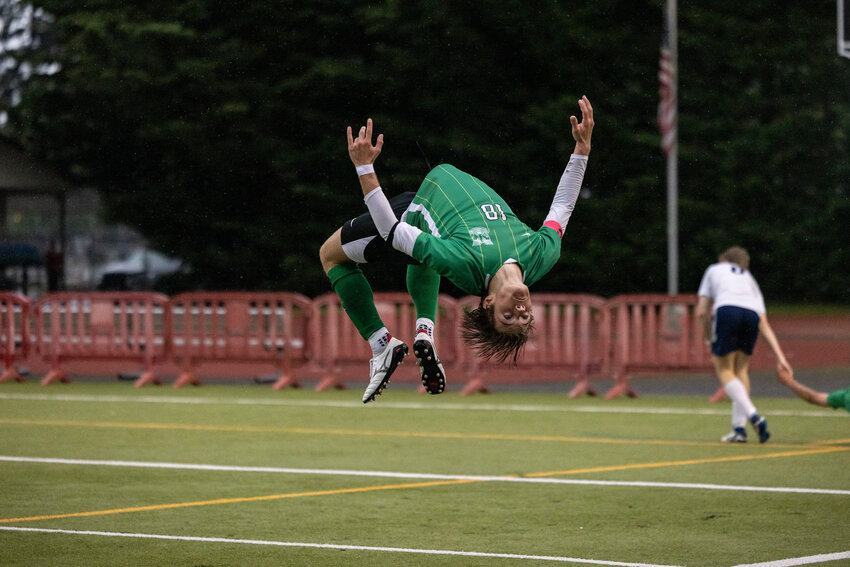 Tumwater&rsquo;s Gavin Cuoio celebrates a goal during a Class 2A District 4 quarterfinal soccer game at Tumwater High School on Saturday, May 4.