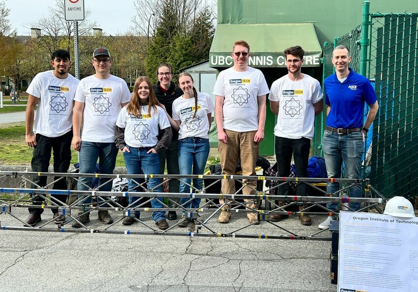 From left, DJ Lopez, Daniel Duyvestein, Abbey Briley, Ridgefield&rsquo;s Sadie Brackeen, Serena Moha, Aiden Shields, Bryson Ladd and Dr. CJ Riley participated in the Pacific Northwest Student Steel Bridge Competition on April 6.