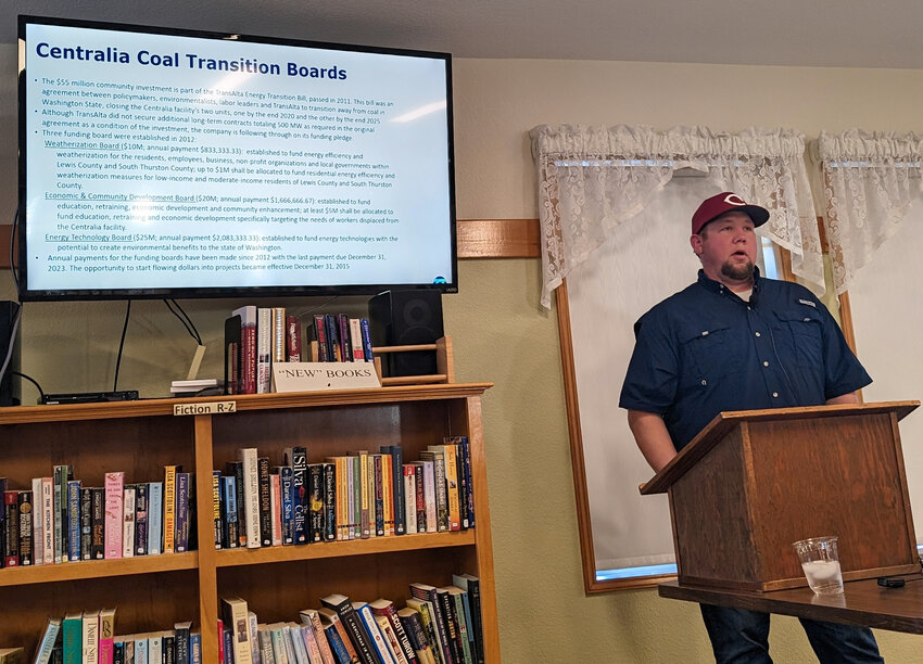 Cody Duncan, a TransAlta business developer who grew up in Boistfort and graduated from Adna High School in 2000, recaps the company&rsquo;s history and outlines its future on Thursday night at the Lewis County AAUW chapter&rsquo;s meeting at Stillwater Estates in Centralia.