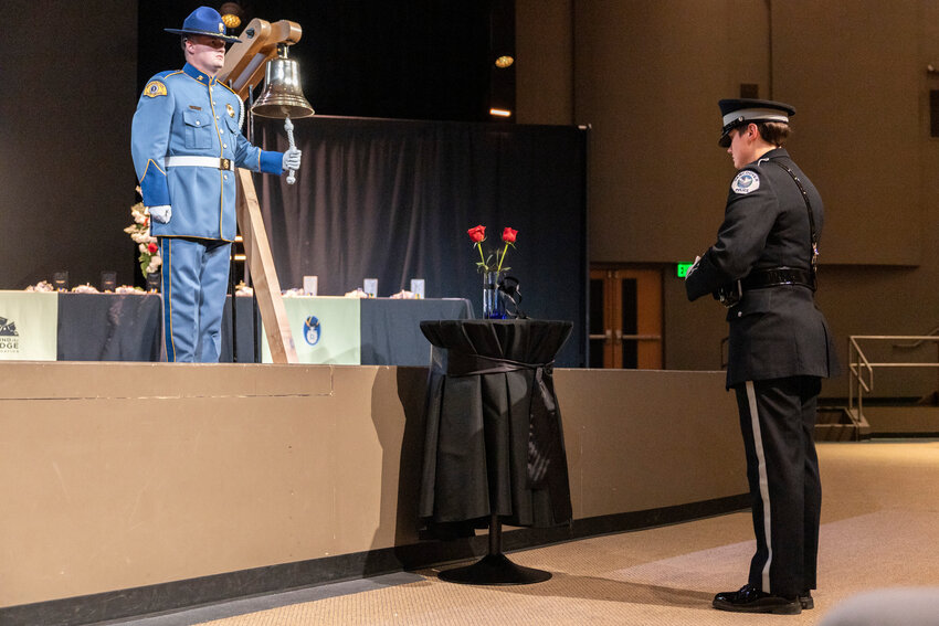 Officers honor the Peace Officer Memorial honorees during the 2024 Peace Officer Memorial ceremony at Evergreen Christian Community in Olympia on Friday, May 3.