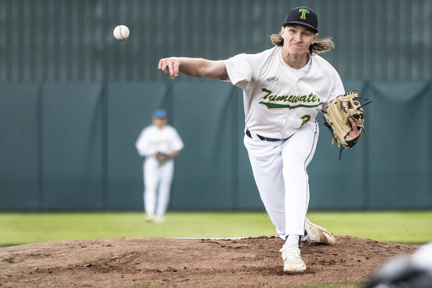 Tumwater&rsquo;s Liam Karlson throws a pitch during a high school baseball game against Mark Morris at Tumwater High School on Tuesday, May 7.
