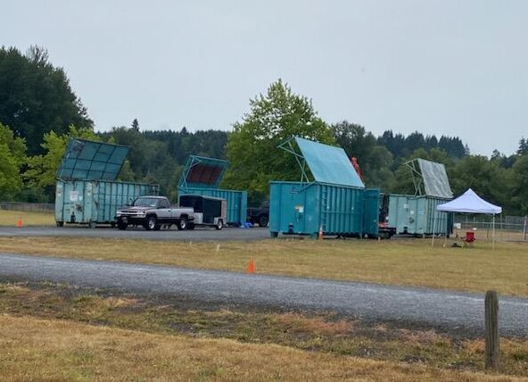 Dumpsters are pictured during a cleanup event at Stan Hedwall Park in Chehalis in 2023.