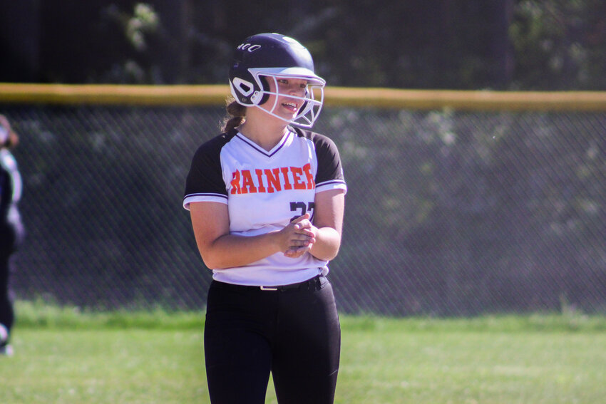 Raychel Hansen claps after hitting an RBI double in the third inning against Toutle Lake on May 9.