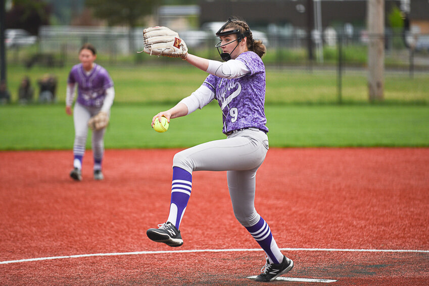 Onalaska's Lisa Liddell throws a pitch during Onalaska's 6-1 win over Kalama in the opening round of the 2B District 4 Tournament at Recreation Park in Chehalis on May 13.