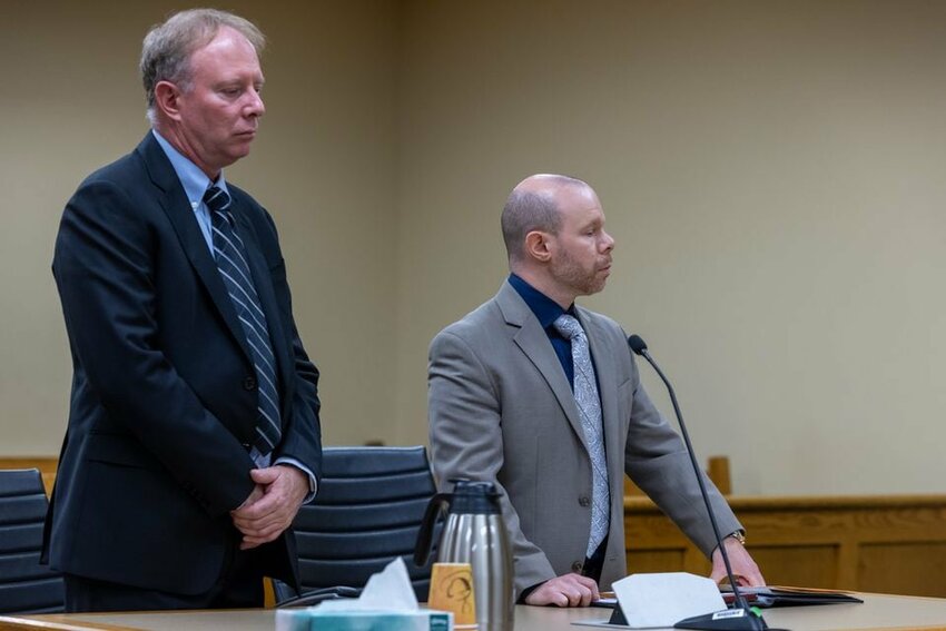 Michael Meyden, left, stands next to his attorney Jeff Turnoy in the courtroom of Judge Katherine Weber at the Clackamas County Circuit Court in Oregon City, Oregon, on Monday, May 13, 2024.