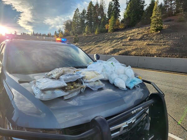 Drugs are pictured on a patrol vehicle in this photo from May 14.
