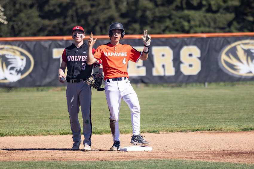 Navpavine&rsquo;s Ashton Demarest celebrates a run during a baseball game at Napavine High School on Tuesday, May 14.