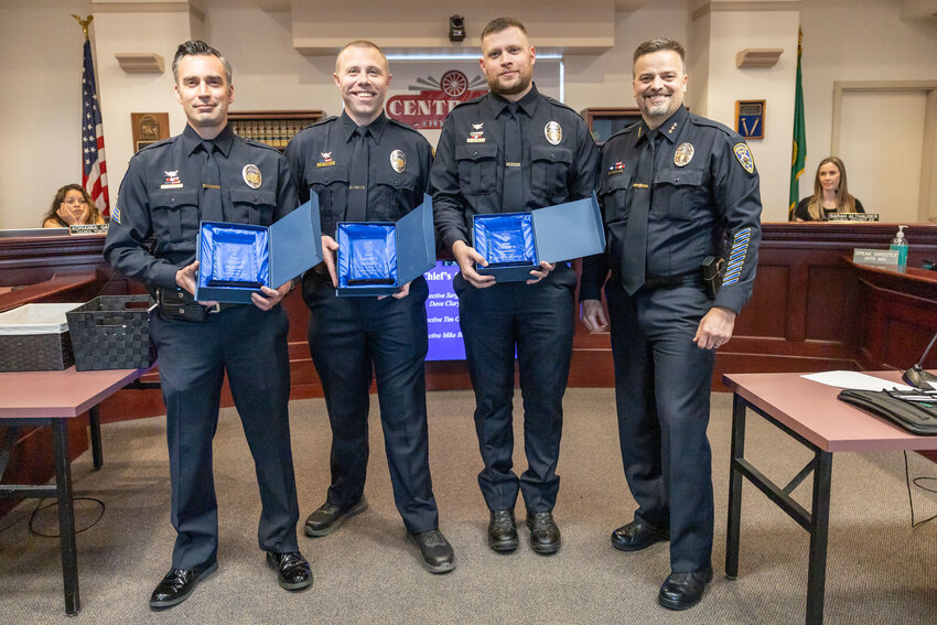 Detective Sergeant Dave Clary, Detective Tim O&rsquo;Dell and Detective Mike Barela receive the Chief&rsquo;s Award during the Centralia Police Department&rsquo;s 2023 Awards and Commendations ceremony at Centralia City Hall on Tuesday, May 14.