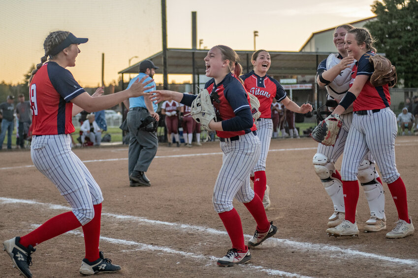 Titan players celebrate PWV&rsquo;s 2B District 4 tournament win over RSB on Wednesday, May 15.