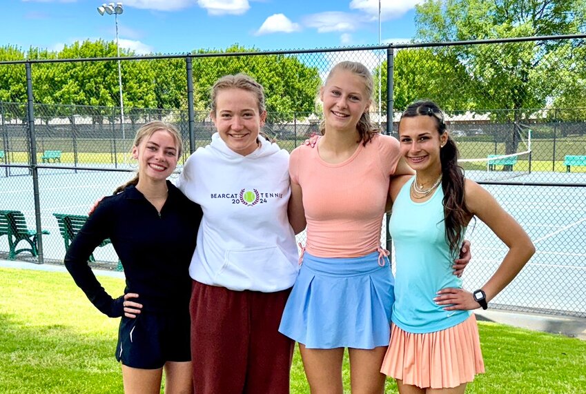 The W.F. West doubles teams of Katelyn Wood and Lilly Hueffed, and Ellie Mittge and Ema Weerasinghe, after competing at the district tennis tournament at the Vancouver Tennis Center on Thursday, May 16, 2024.