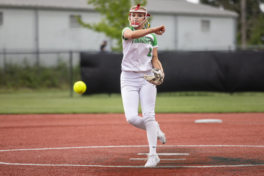 Tumwater&rsquo;s Ella Ferguson throws a pitch during a high school softball game at Recreation Park in Chehalis on Thursday, May 16.