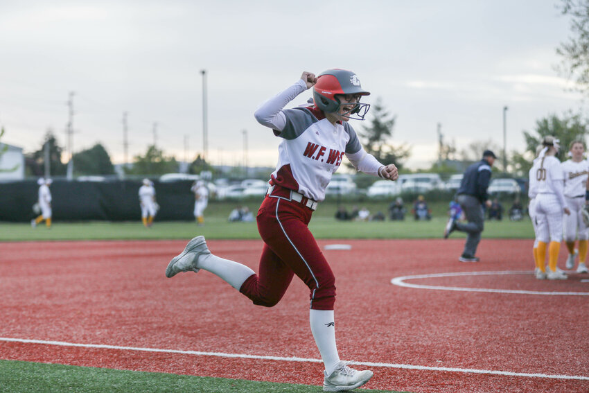 W.F. West's Aubree Nelson heads towards the plate after hitting the go-ahead home run during W.F. West's 2-1 win over Aberdeen in the 2A District 4 title game at Recreation Park in Chehalis on May 17.