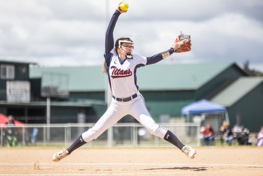 PWV&rsquo;s Lauren Emery throws a pitch during a 2B District 4 consolation softball game at Fort Borst on Saturday, May 18.