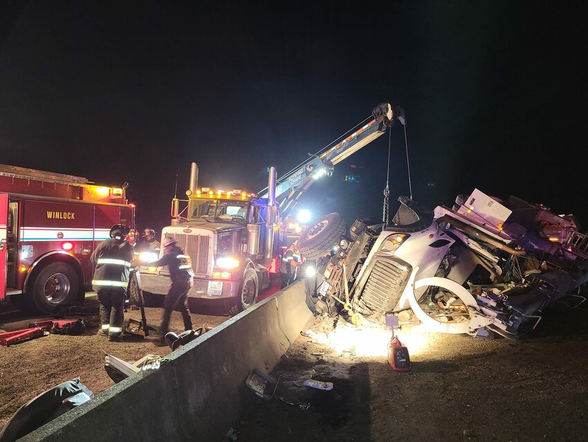 Two people were injured after a tire on a northbound semi-truck blew on Interstate 5 in Lewis County Sunday night, sending the vehicle into the southbound lanes where it struck another vehicle, according to the Washington State Patrol.