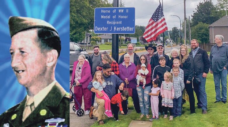 Dexter James Kerstetter is pictured at left. On the right, members of his family gather under the sign dedicated to their relative in June 2022.