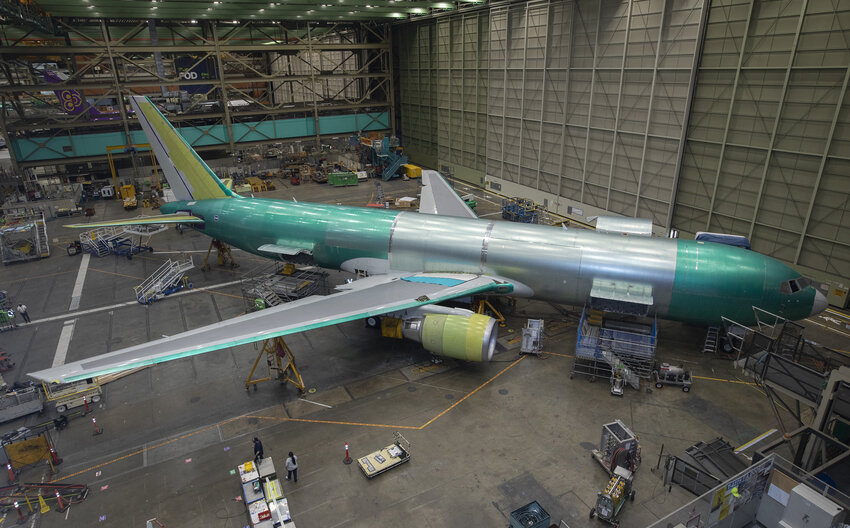 A Boeing 767-300F is built for FedEx at the Everett factory, Wednesday, Jan. 26, 2022.
