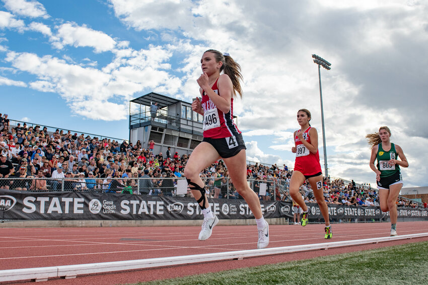 Toledo's Haylee Wolfe runs the girls 1,600-meter during the State Track and Field Championships at Zaepfel Stadium in Yakima on Thursday, May 23.