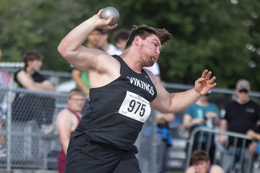 Mossyrock&rsquo;s Marshall Brockway competes in shot put during day one of the State Track and Field Championships at Zaepfel Stadium in Yakima on Thursday, May 23.