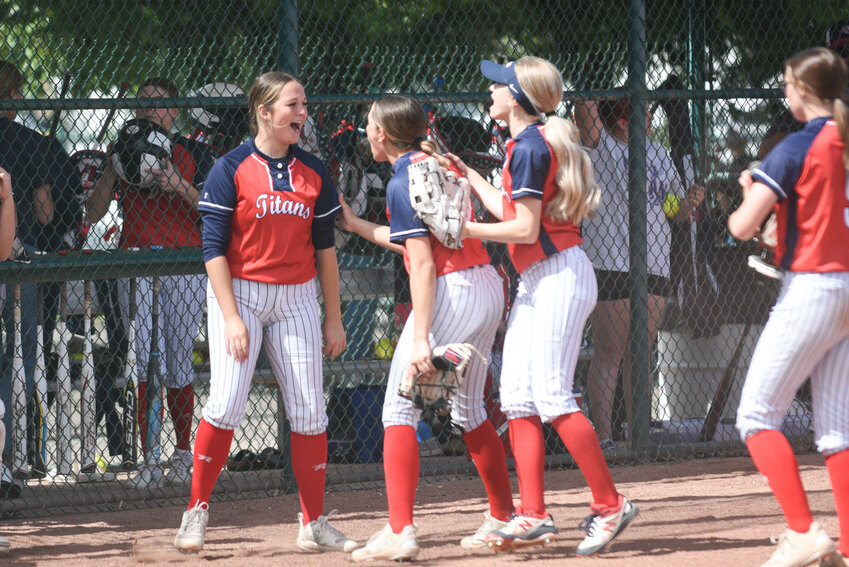 The Titans celebrate an inning-ending out during PWV's opening round matchup against NW Christian at the Gateway Sports Complex in Yakima on May 24.