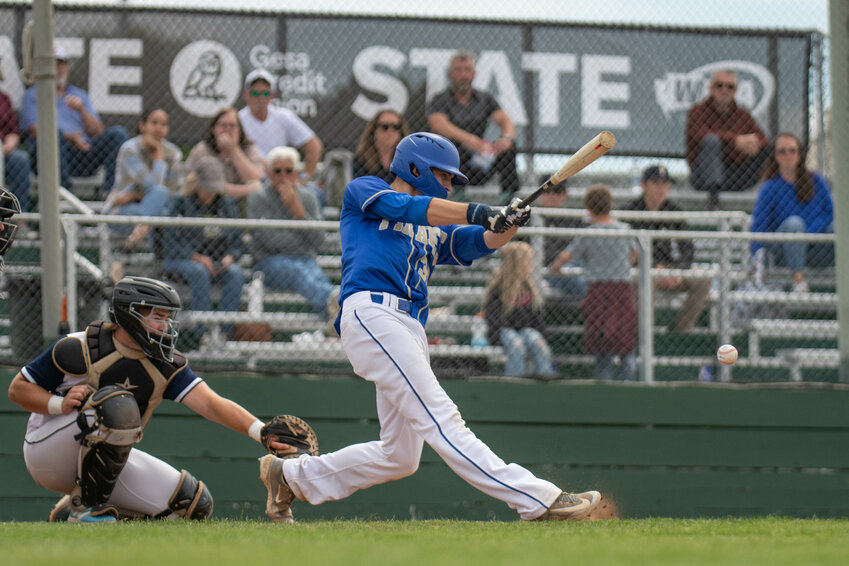 Danner Hoinowski puts a ball in play during a 2B State semi final matchup between Adna and Tri-Cities Prep at Johnson O&rsquo;Brian Stadium in Ephrata on Friday, May 24.