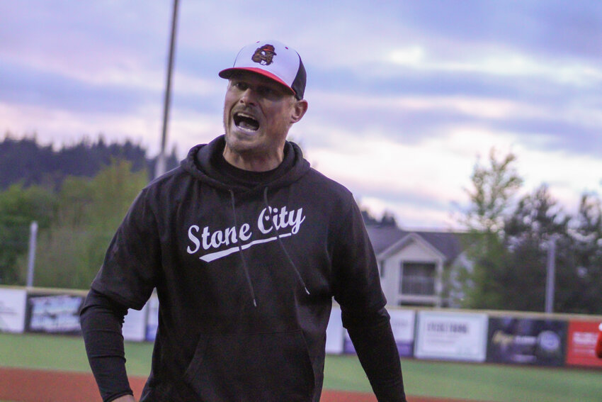 Tenino head coach Ryan Schlesser argues with the umpires after the Beavers lost to Overlake-Bear Creek in the 1A state semifinals on May 24 at Joe Martin Stadium.