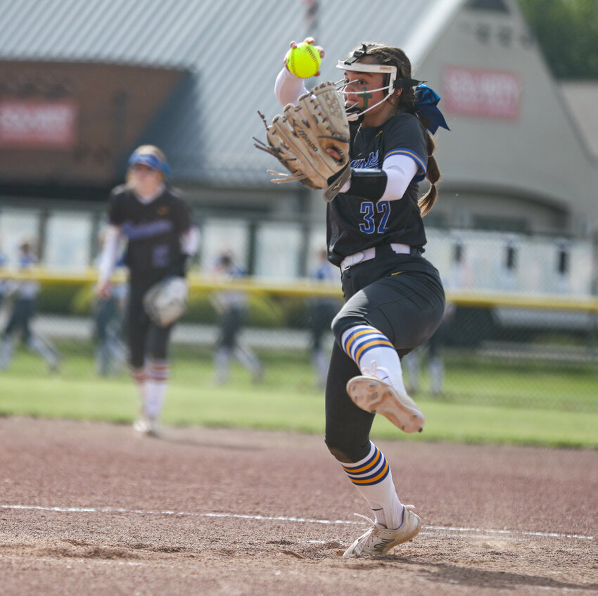 Rochester's Layna Demers fires a pitch against North Kitsap in a Class 2A state opening round game on Friday at Carlon Park in Selah.