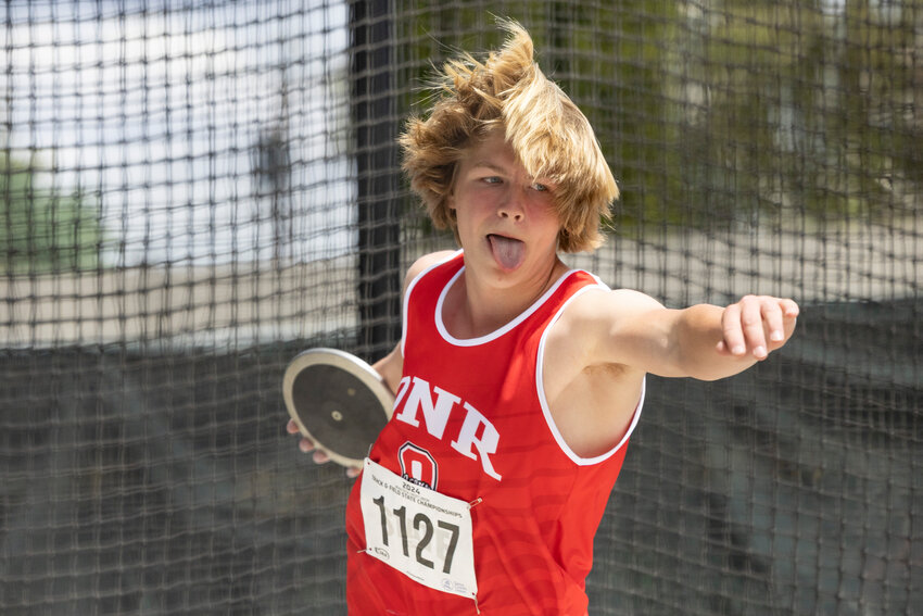 Oakville&rsquo;s Lewis Koser competes in discus during day two of the State Track and Field Championships at Zaepfel Stadium in Yakima on Friday, May 24.