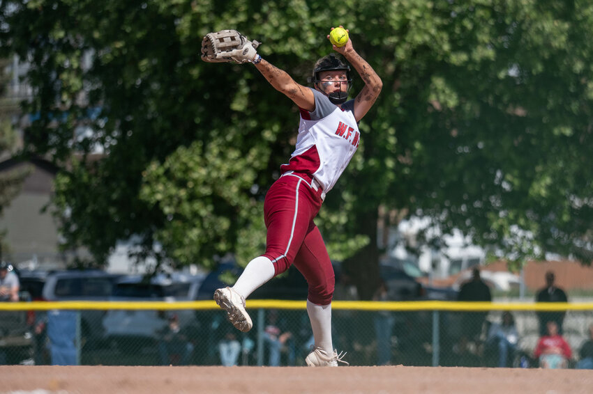 Staysha Fluetsch throws a pitch during W.F. West&rsquo;s 2A State Softball tournament elimination game versus Aberdeen at Carlon Park in Selah on Friday, May 24.