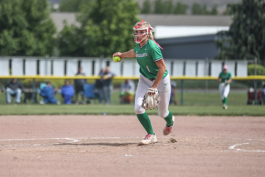 Tumwater&rsquo;s Ella Ferguson throws a pitch during a championship game at Carlon Park in Selah on Saturday, May 25.