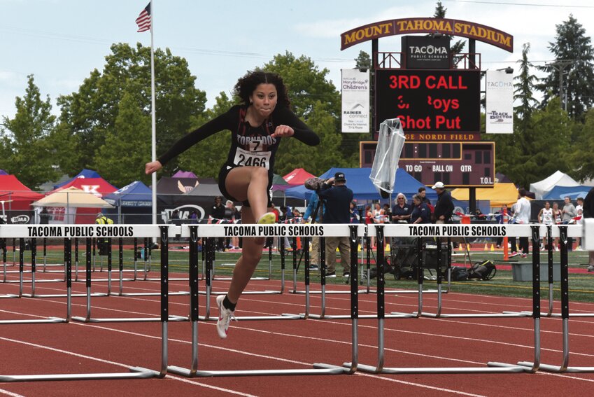Mister Rabang-Davis competes in the 300-meter hurdles preliminary competition on Friday, May 24 at Mount Tahoma High School.