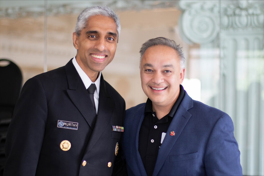 Washington State Health Secretary Umair Shah, right, and U.S. Surgeon General Vivek Murthy discuss loneliness and isolation in Seattle on Wednesday, May 29, 2024.