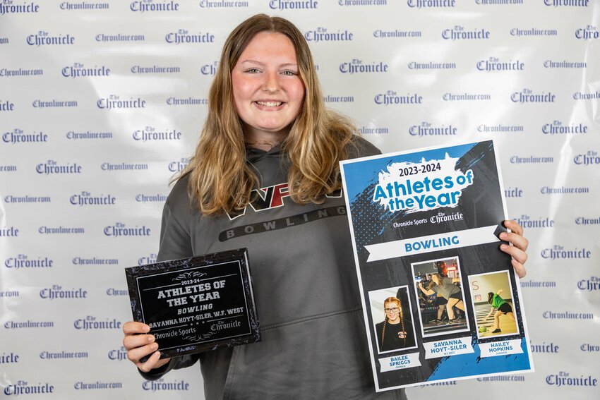 W.F. West&rsquo;s Savanna Hoyt-Siler poses for a photo during the &ldquo;Athletes of the Year&rdquo; banquet at Jester Auto Museum in Chehalis on Wednesday, May 29. She was named Bowler of the Year at the ceremony.