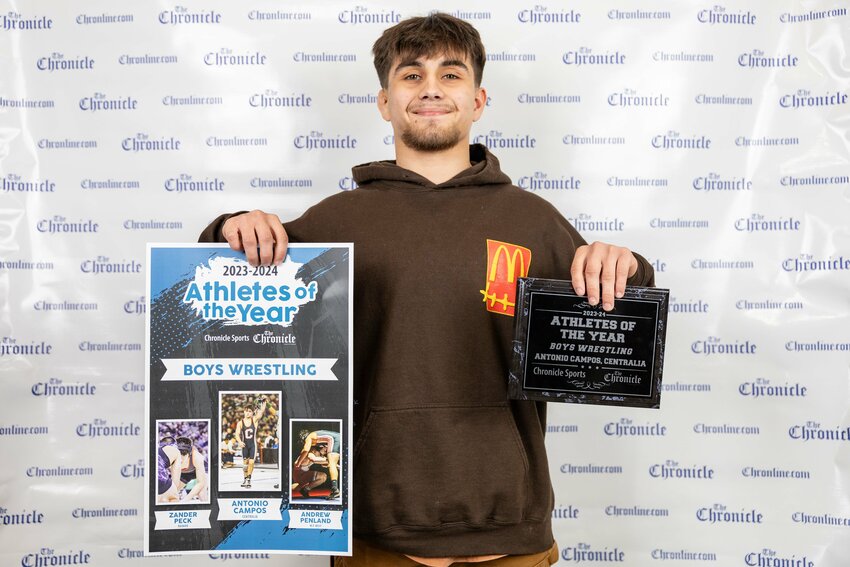 Centralia&rsquo;s Antonio Campos poses for a photo during the &ldquo;Athletes of the Year&rdquo; banquet at Jester Auto Museum in Chehalis on Wednesday, May 29.