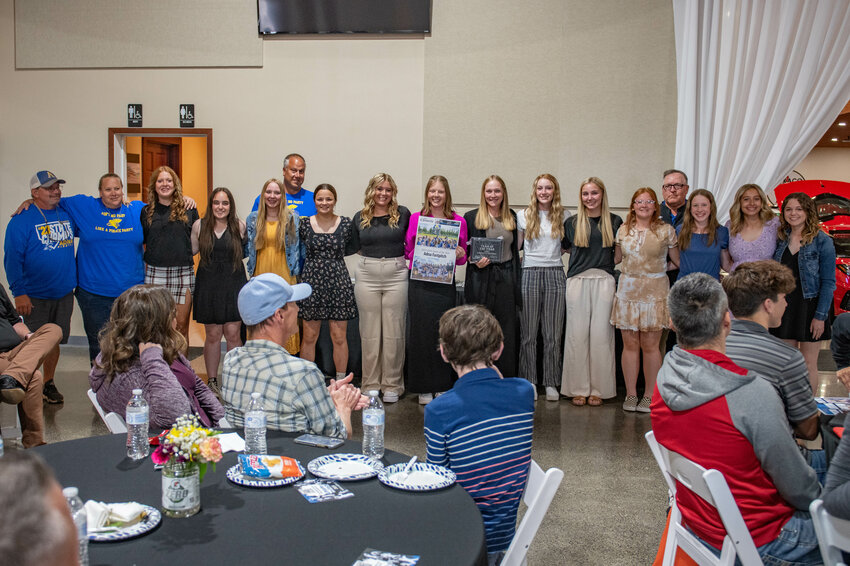The Adna Softball team team stands for a photo after being named one of the Teams of the Year at the 2023-2024 Chronicle Athletes of the Year Awards at Jester Auto Museum in Chehalis on Wednesday, May 29.